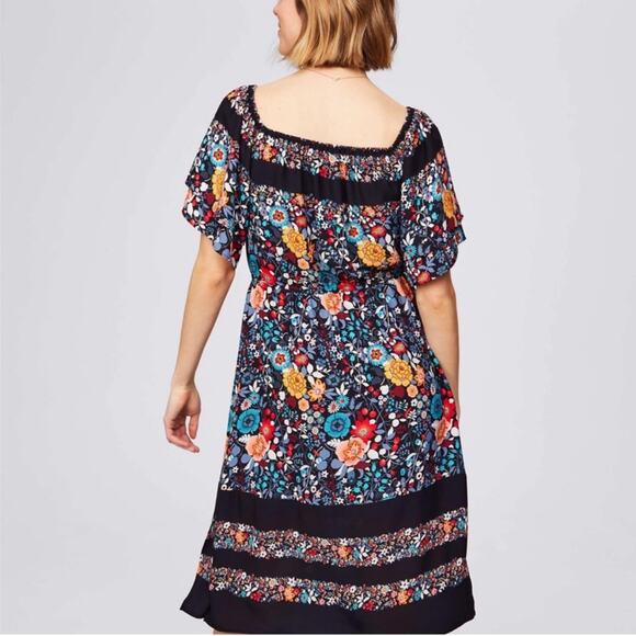 LOFT Black Floral Print Striped Off the Shoulder Dress Sz. Small Petite SP - Picture 2 of 8